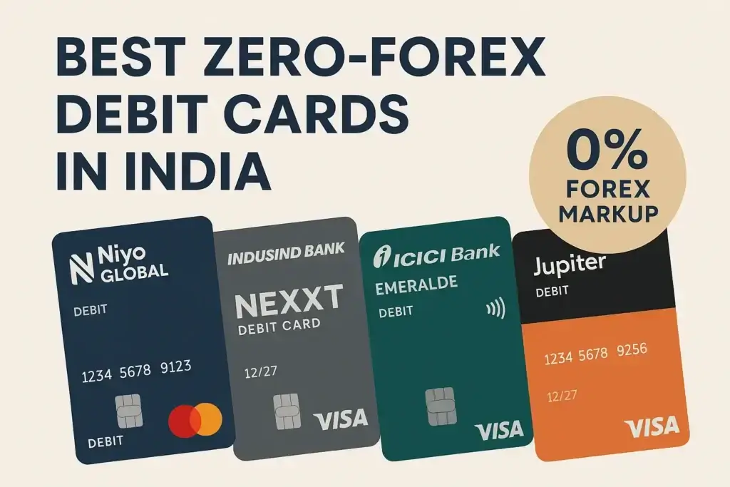 Illustration of the best zero-forex debit cards in India including Jupiter, Niyo Global, IndusInd Nexxt, and ICICI Emeralde with 0% forex markup