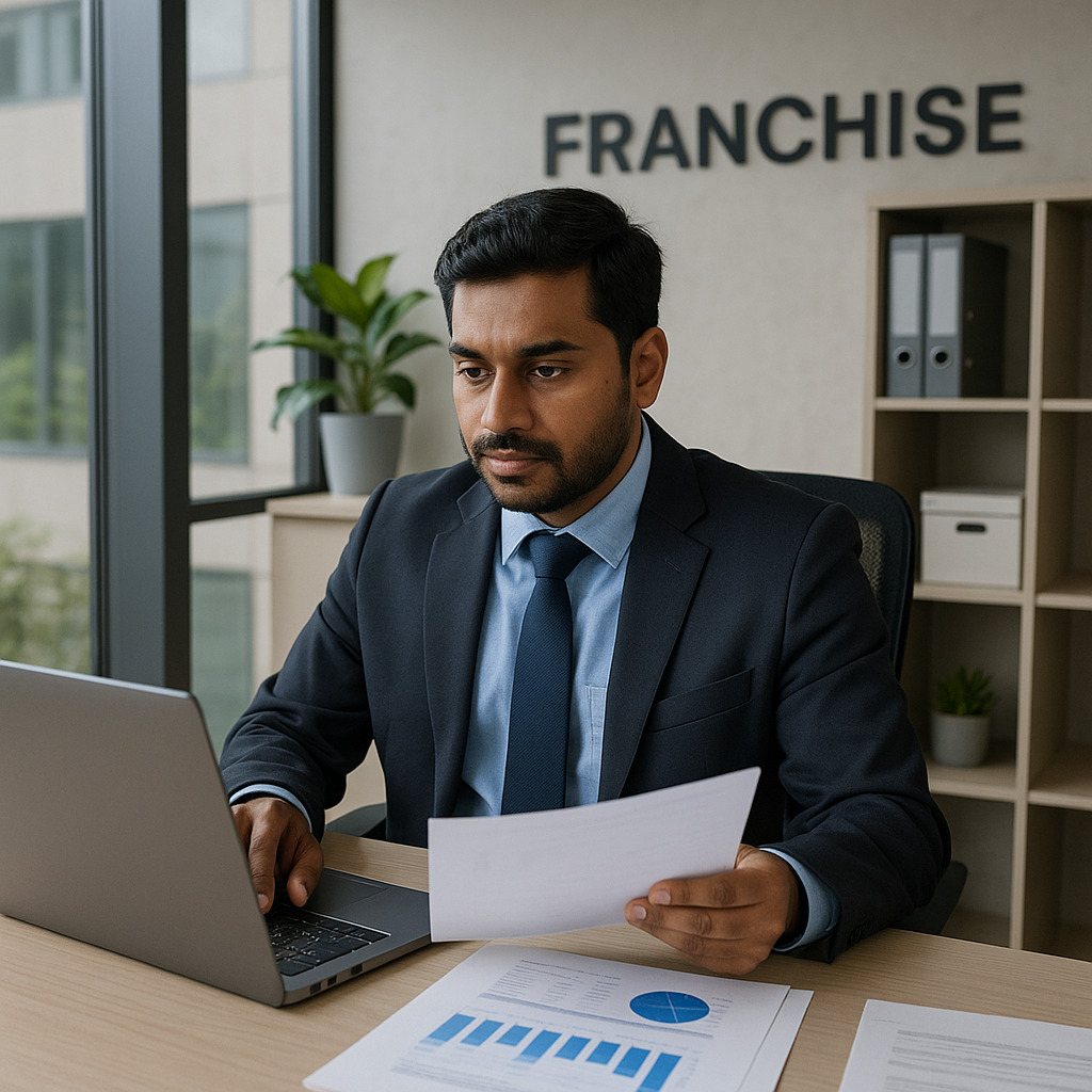 Best Low Investment Franchise Business in India | Easy Beginners Guide 2025 8 Franchise business owner managing operations with digital tools and paperwork