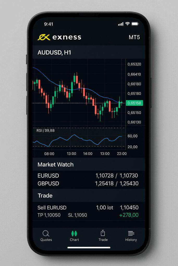 Exness MT5 mobile app dashboard