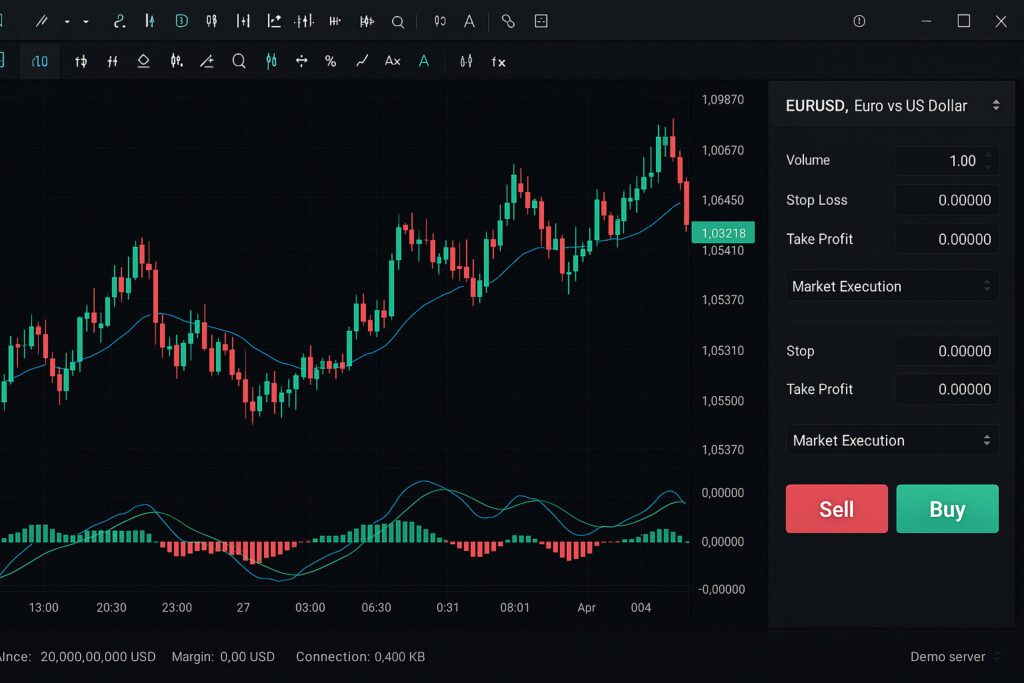 MT5 desktop dashboard with live chart order window and toolbarssee the generated image above