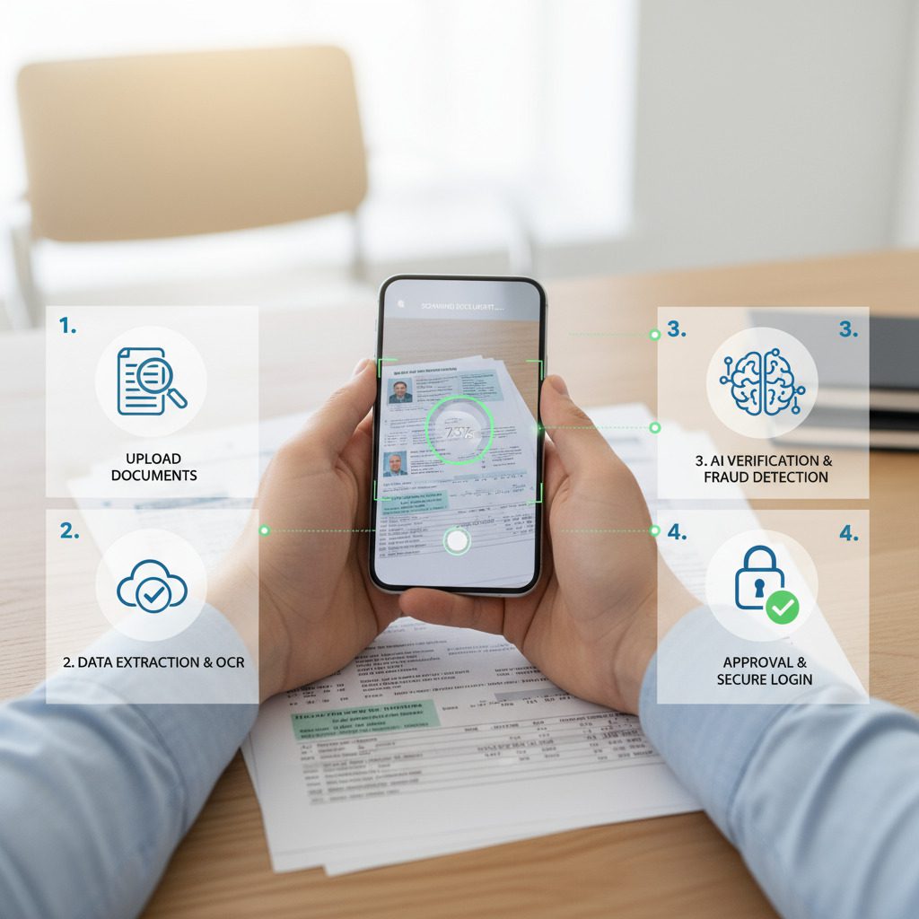 Smart & Instant: mPokket App Se ₹500–₹50,000 Loan Minutes Mein! Apply Now 4 Document verification ka workflow — User kaam karta hua mobile se documents scan kar raha hai