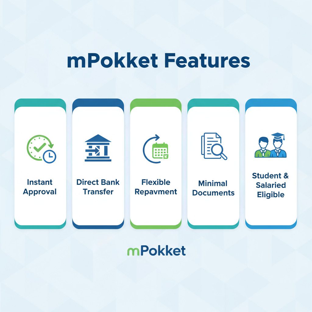 Smart & Instant: mPokket App Se ₹500–₹50,000 Loan Minutes Mein! Apply Now 3 Features ka infographic — Instant Approval Direct Bank Transfer Flexible Repayment Minimal Documents Student Salaried Eligible